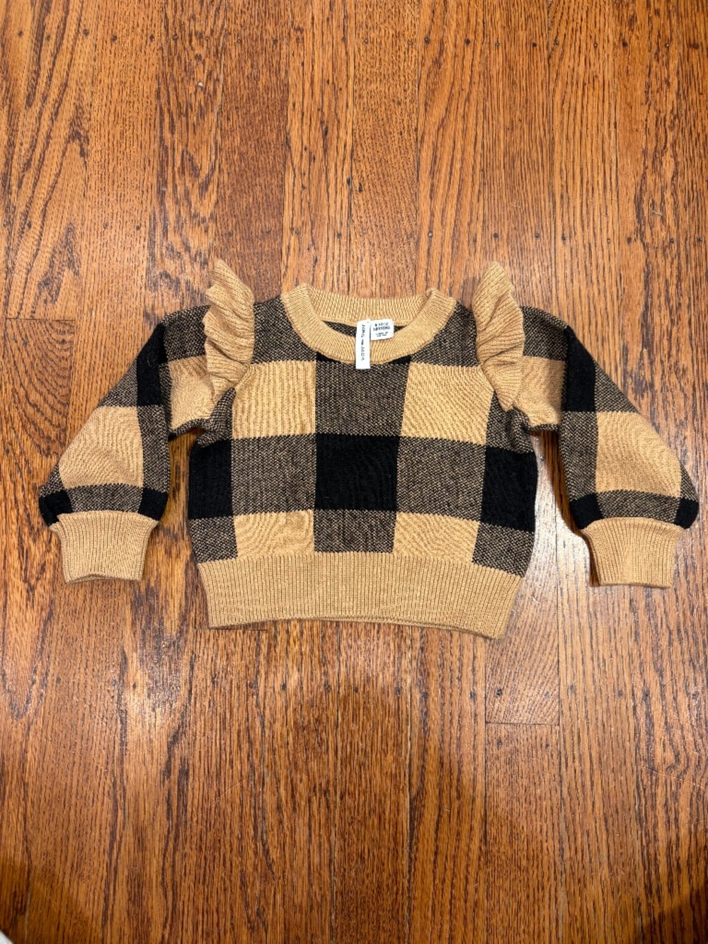 Janie & Jack Plaid Ruffle Sweater - Tan and Black - 6 - 12 months